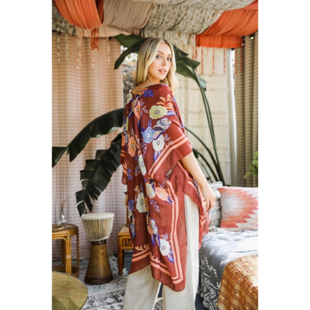 SOLD OUT Rust Blooms Floral Wallflower Spring Kimono Wrap Coverup Casual Top - Picture 2 of 3